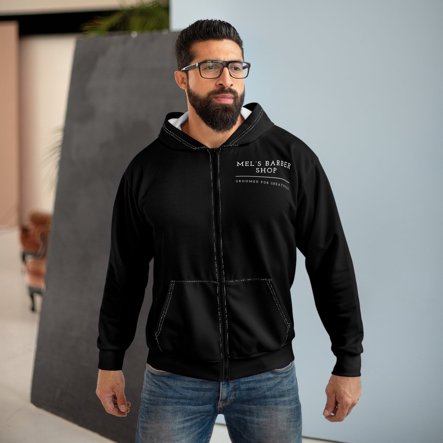 Mel's Barber Shop Unisex Zip Hoodie - Stylish & Comfortable, Ideal for Everyday Wear, Cozy Gift, Perfect for Barbershop Lovers, [...]