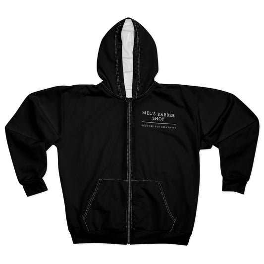 Mel's Barber Shop Unisex Zip Hoodie - Stylish & Comfortable, Ideal for Everyday Wear, Cozy Gift, Perfect for Barbershop Lovers, [...]