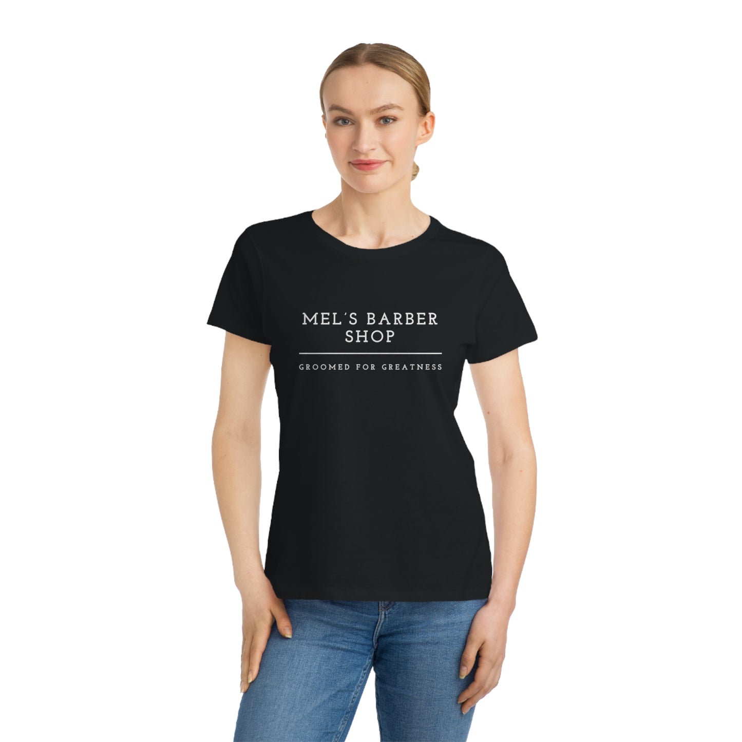 Mel's Barber Shop Organic Women's Classic T-Shirt - Casual Wear, Barber Shop Gift, T-Shirt for Her, Unique Style, Groomed for Greatness
